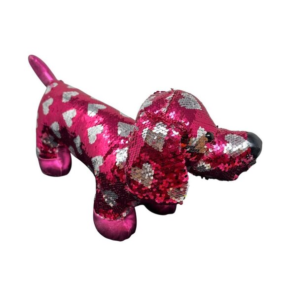Valentine Weiner Dachshund Dog Sequin Pink Silver Hearts Reverse 18in Toy Plush - Picture 5 of 16